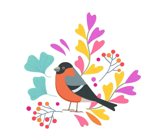 Cute vector flat design with bird and branches with leaves and berries — Stock Vector