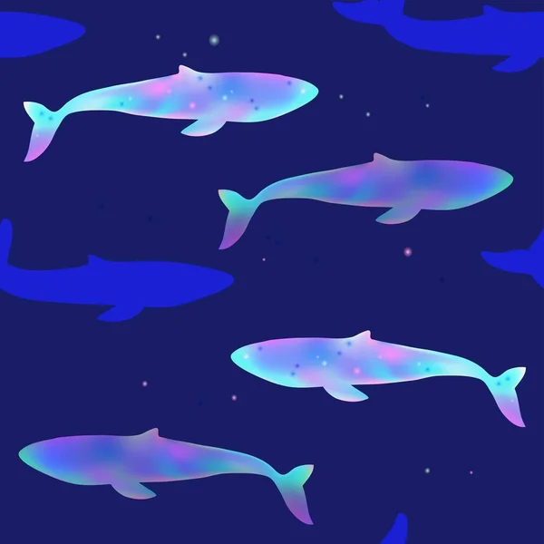 Modello senza cuciture con balena magica nel cielo stellato notturno. Illustrazione vettoriale. — Vettoriale Stock