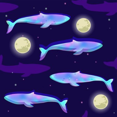 Gece yıldızlı gökyüzünde büyülü balinayla kusursuz bir desen. Vektör illüstrasyonu.
