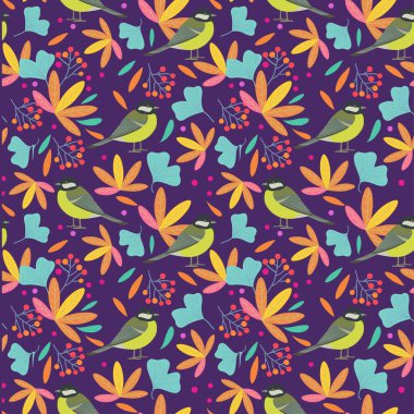 Şirin kuşlar, yapraklar ve böğürtlenlerle kusursuz desen. Vektör illüstrasyonu.