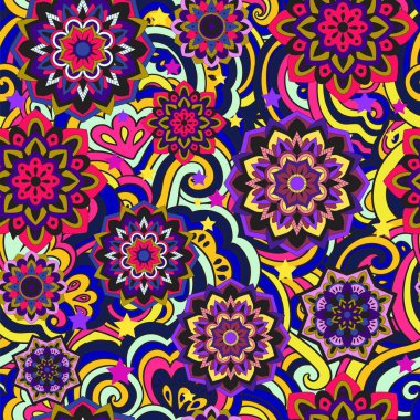 Bitkiler ve çiçek elementleriyle renksiz desen. Parlak psikedelik arka plan. Vektör illüstrasyonu.