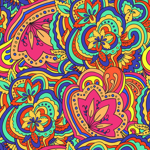 Colorful seamless pattern with plants and floral elements. Bright psychedelic background. Vector illustration