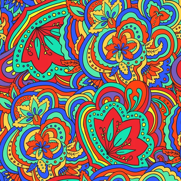 Färgglada sömlösa mönster med växter och blommiga inslag. Ljusa psykedeliska bakgrund. Vektorillustration. — Stock vektor