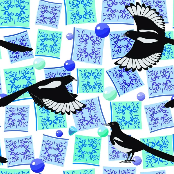 Cute original seamless pattern with magpie, majolic elements and jewelry. Vector illustration. — Stock Vector