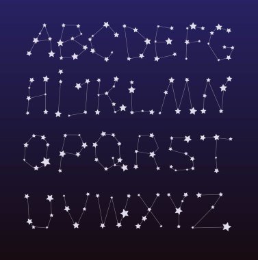 Yıldızlı takımyıldızları gibi bir dizi alfabe harfi. Vektör illüstrasyonu.