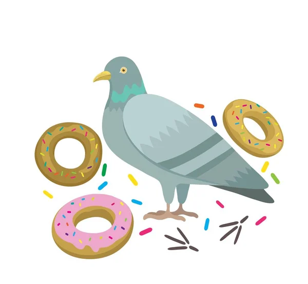 Illustration vectorielle originale avec pigeon et beignets. — Image vectorielle