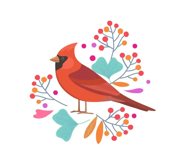 Art original avec oiseau cardinal rouge mignon et baies aux feuilles de ginkgo. Illustration vectorielle. — Image vectorielle