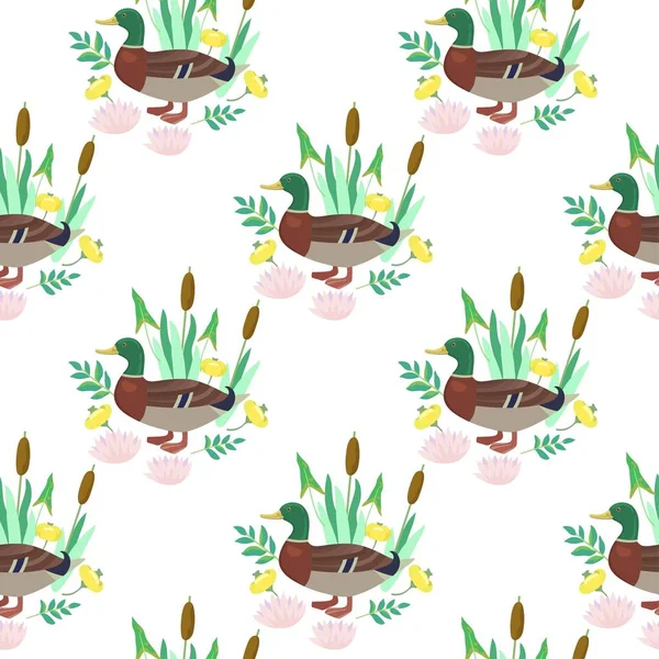 Seamless pattern with cute ducks and water lily flowers. Vector illustration. — Stock Vector