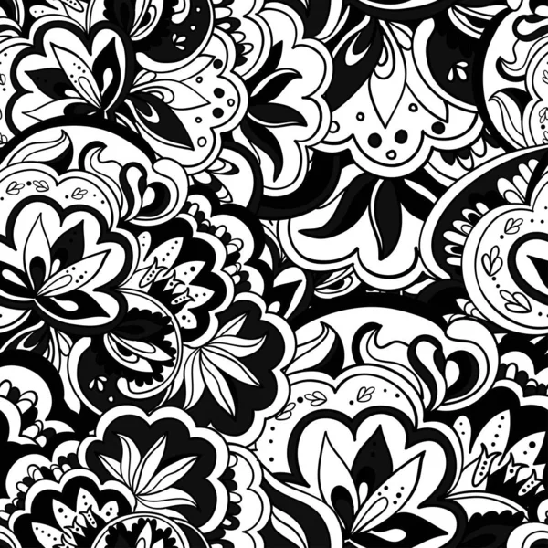 Nahtloses Muster mit schwarzen und weißen Pflanzen und floralen Mandala-Elementen. Ornamental verzierten Hintergrund. — Stockvektor