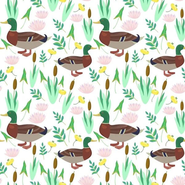 Seamless pattern with cute ducks and water lily flowers. Vector illustration. — Stock Vector