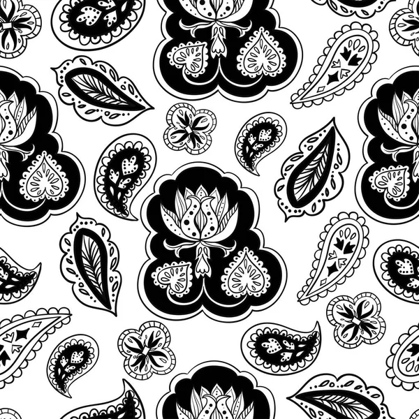 Безшовний візерунок з рослинами чорно-білими рослинами та квітковими елементами мандали. Декоративний орнаментальний фон . — стоковий вектор