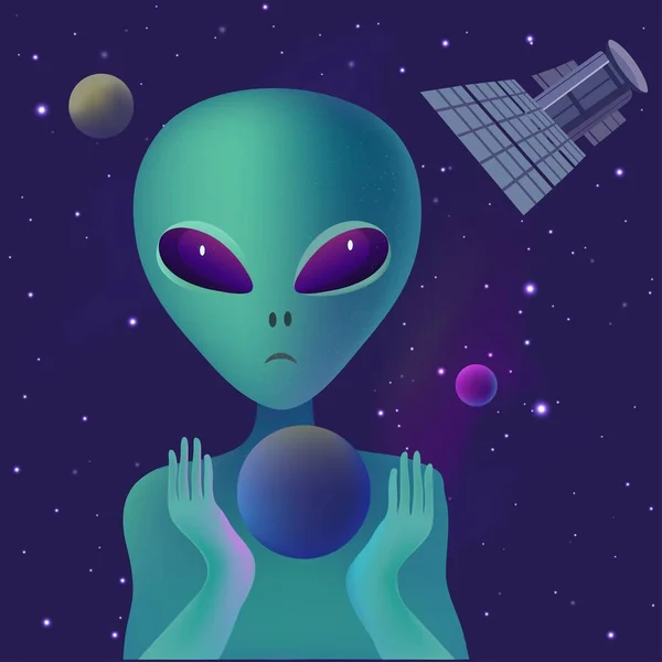 Alien im Raum mit Kugel. Planet, Sterne und Satellit. Vektorillustration. — Stockvektor