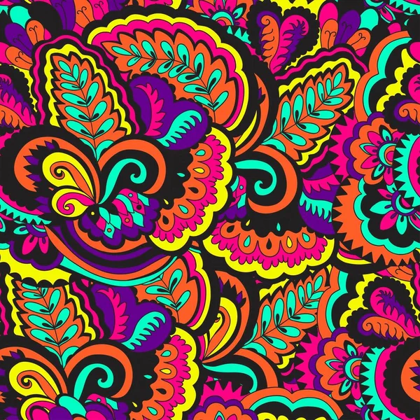 Farbenfrohe, nahtlose Muster mit Pflanzen und floralen Elementen. Heller psychedelischer Hintergrund. Vektorillustration. — Stockvektor