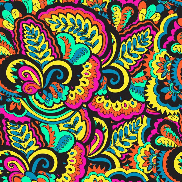 Цветной бесшовный узор с растениями и цветочными элементами. Яркое психоделическое прошлое. Векторная иллюстрация
. 