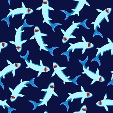 Çizgi film köpekbalıklarıyla kusursuz desen. Vektör illüstrasyonu.