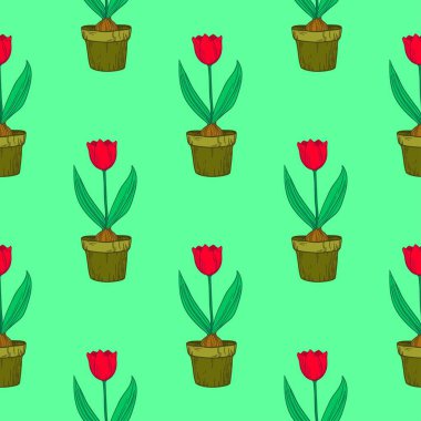 Laleleri saksıda tutan hoş, pürüzsüz bir desen. Vektör çiçek arkaplanı.