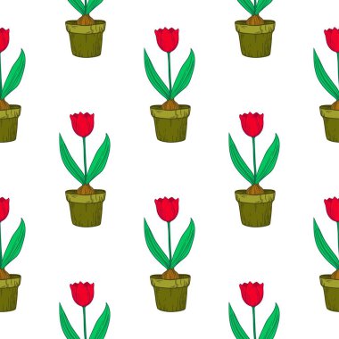 Laleleri saksıda tutan hoş, pürüzsüz bir desen. Vektör çiçek arkaplanı.