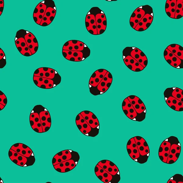 Seamless pattern with cute ladybugs and curly abstract line elements. Vector illustration. — Stock Vector