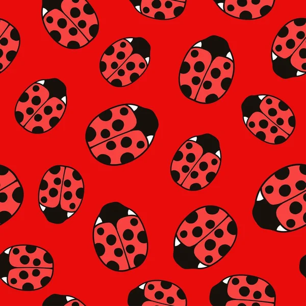 Seamless pattern with cute ladybugs and curly abstract line elements. Vector illustration. — Stock Vector