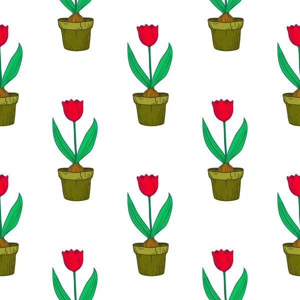 Padrão sem costura bonito com tulipas em vasos. Fundo floral vetorial . — Vetor de Stock