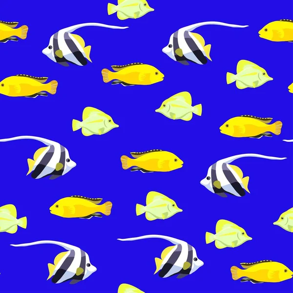 Roztomilý bezešvý vzor s jasnými tropickými korálovými rybami. — Stockový vektor