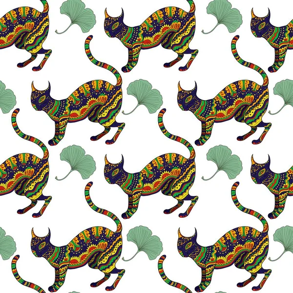 装飾的なサイケデリック猫とシームレスなパターン, — ストックベクタ