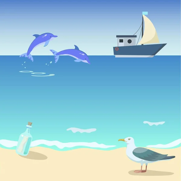 Nave en el mar con delfines, botella y gaviota. Ilustración vectorial . — Vector de stock
