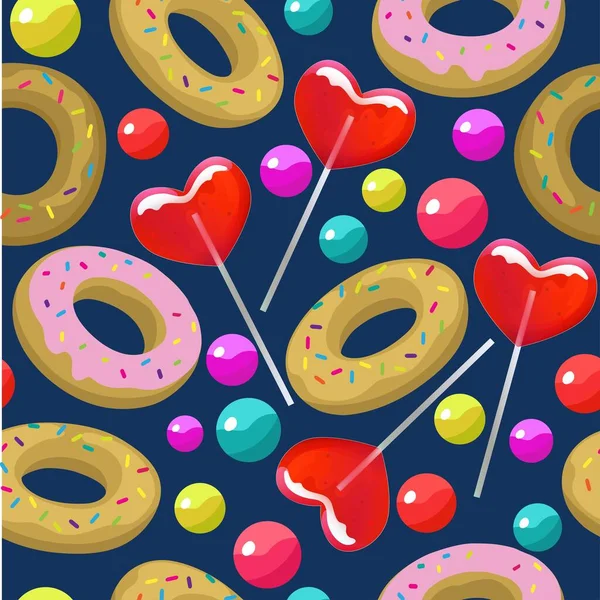 Płynny wzór z cukierkami kulki i lizaki w kształcie serca Kolorowe jasne wektor ilustracji. — Wektor stockowy