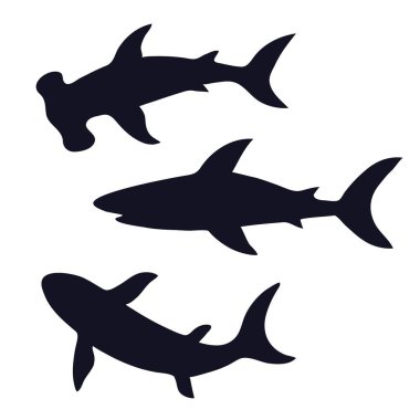 Siyah köpekbalıklarının siluetleri beyaz arka planda izole edilmiş. Vektör illüstrasyonu.
