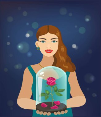 Şişedeki gül ve güzel kadınlar. Vektör illüstrasyonu.