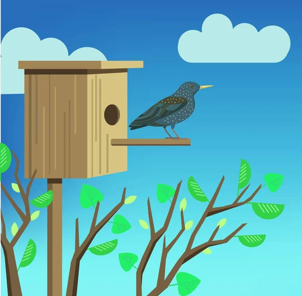 Starling e Birdhouse. Illustrazione vettoriale. — Vettoriale Stock