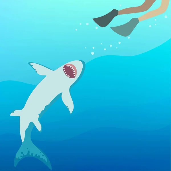 Tiburón enojado intenta atrapar al buceador. Ilustración vectorial . — Archivo Imágenes Vectoriales