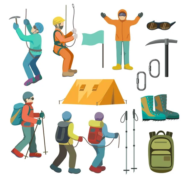 Conjunto de montanhistas e equipamentos de escalada. Ilustração vetorial . —  Vetores de Stock