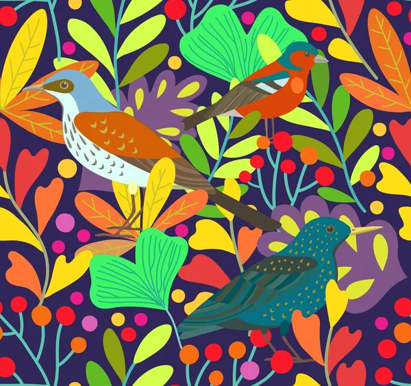 Mignon motif sans couture avec des oiseaux et des éléments de baies. Illustration vectorielle. — Image vectorielle