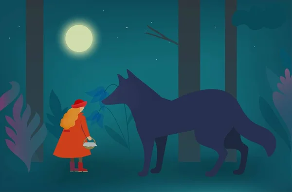 Caperucita Roja y lobo en el bosque oscuro. Ilustración vectorial . — Vector de stock