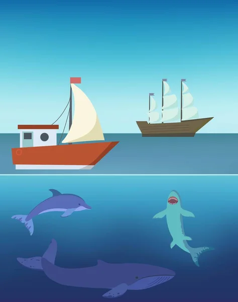 Illustration vectorielle de navires dans la mer et la vie sous-marine, dauphins, requins et baleines. — Image vectorielle