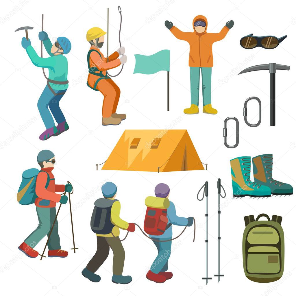 Set of mountaineers and climbing equipment. Vector illustration.