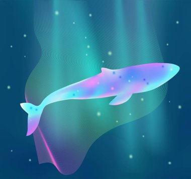 Balina ve ses dalgaları olan şirin bir afiş. Vektör illüstrasyonu.