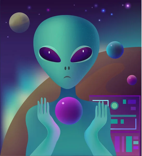 Nettes Alien mit Kugel im All mit Sternen und Planeten. — Stockvektor