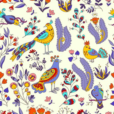Peri kuşları, sevimli bitkiler ve çiçeklerle kusursuz bir desen..