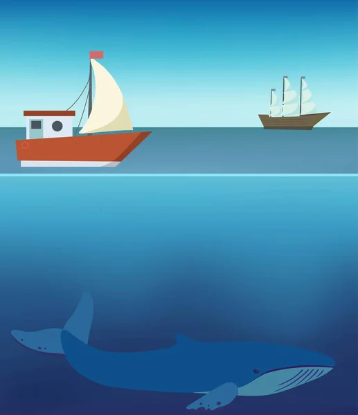 Bannière vectorielle des navires dans la mer et la vie sous-marine. — Image vectorielle