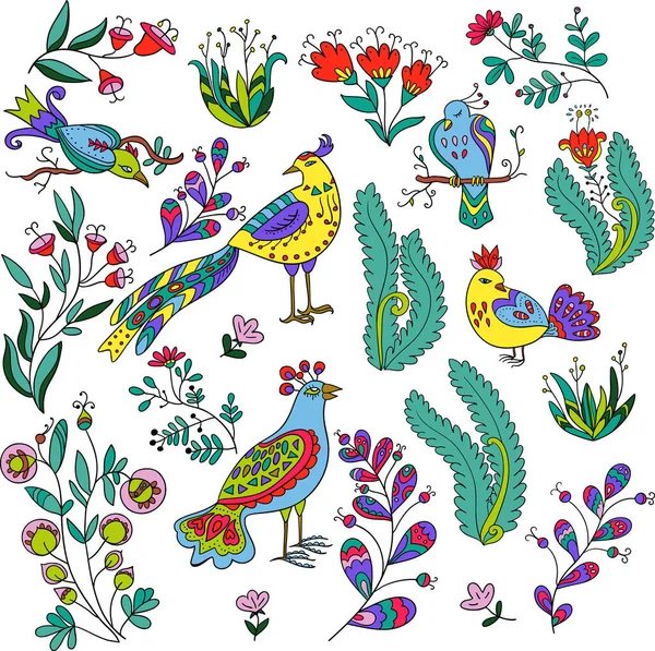 Великий набір казкових птахів і милих рослин і квітів . — стоковий вектор