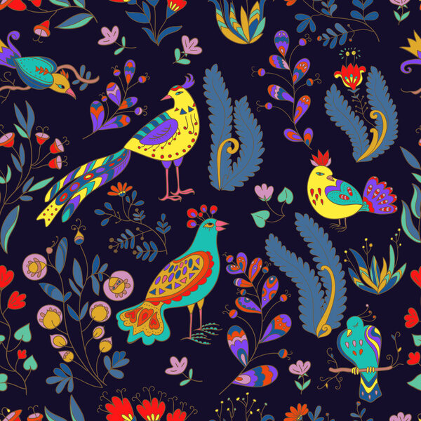 Seamless pattern with fairy birds and cute plants and flowers.