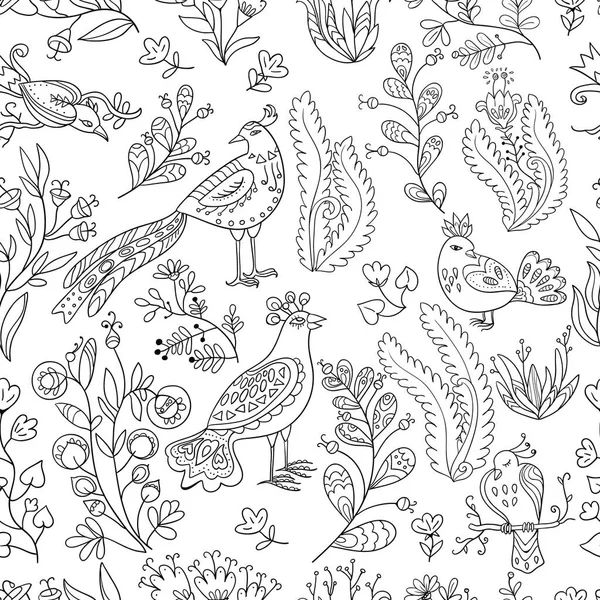 Modèle sans couture avec des oiseaux de fées et de jolies plantes et fleurs. — Image vectorielle