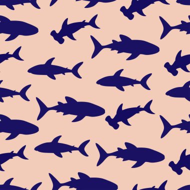Şirin köpekbalıkları siluetiyle kusursuz desen. Vektör illüstrasyonu.