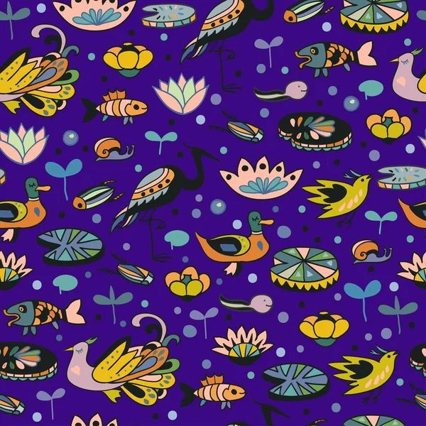 Patrón sin costuras con lindos pájaros y animales submarinos. Niños doodle textura de dibujos animados. — Vector de stock