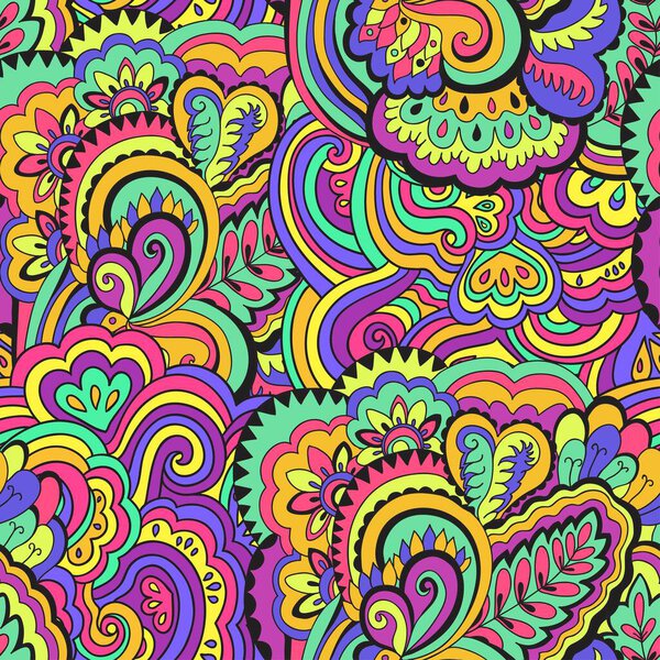 Bright psychedelic pattern with colorful curly doodle motifs.