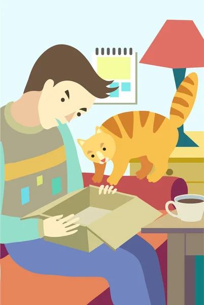 Ο άντρας και η κοκκινομάλλα γάτα του ανοίγουν ένα άδειο κουτί.. — Διανυσματικό Αρχείο
