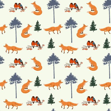 Hayvanlar ve Noel ağaçlarıyla şirin, pürüzsüz desen.. 