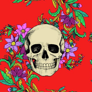 Yeşil arka planda çiçek ve kafatası olan kusursuz desen.